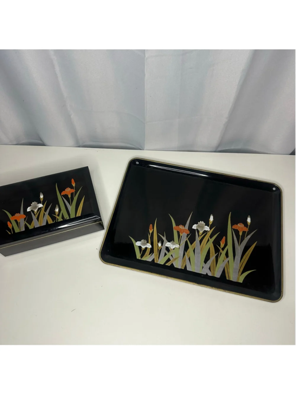 Vintage Otagiri Japan Black Lacquerware Iris Floral Serving Tray & Jewelry Box